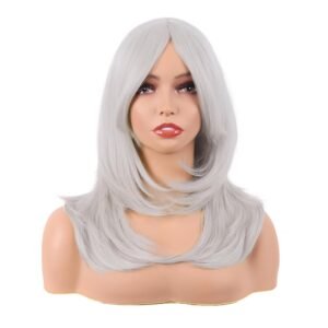 20 Inch/50 cm Long Layered With Bangs Straight Synthetic fiber Shoulder Length Hair for Daily Use or Party Wig (Silver)