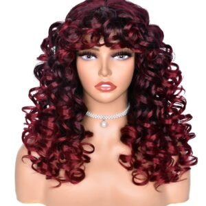 Ombre Red Curly Wigs for Black Women Long Curly Afro Wig with Bangs for Women Big Bouncy Fluffy Synthetic Fiber Glueless Hair for Cosplay and Daily