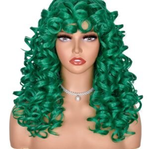 Green Curly Wigs for Black Women Long Curly Afro Wig with Bangs for Women Big Bouncy Fluffy Synthetic Fiber Glueless Hair for Cosplay and Daily