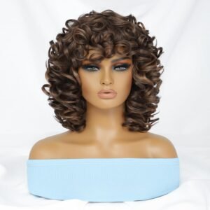 Short Loose Curly Wigs with Bangs for Black Women Highlight P4/30/27 Color Afro Big Curly Wigs for Women Synthetic Heat Resistant Bouncy Curly Fluffy Wigs for Women 250g (14 Inch, P4/30/27)