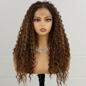 Ombre Blonde Synthetic Lace Front Wig 24 inch Brown Highlight 13x4 HD Long Curly Wavy Lace Front Wigs for Women Daily Party Use