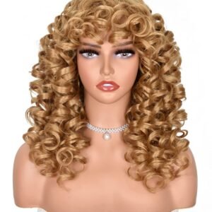 Blonde Curly Wigs for Black Women Long Curly Afro Wig with Bangs for Women Big Bouncy Fluffy Synthetic Fiber Glueless Hair for Cosplay and Daily