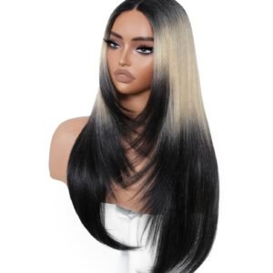 Ombre Blonde Black   Glueless Wigs Pre Plucked Pre Cut for Beginners Synthetic Lace Front Wigs With Bangs Long layered Straight Dark Roots 26 Inch 3 Seconds to  for Beginners