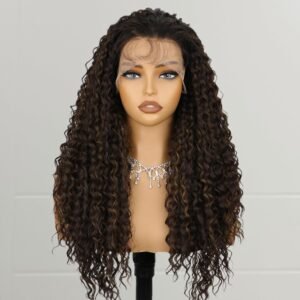 24 Inch Dark Brown Curly Synthetic Lace Front Wig with Baby Hair Brown Highlight Long Curly Wavy Wigs for Women Daily Party Use