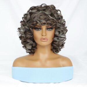 Short Loose Curly Afro Wigs with Bangs for Women Highlight P4/27/613 Color Loose Curly Afro Wigs for Women Synthetic Heat Resistant Soft and Natural Big Curly Wig for Women 250g (14 Inch, P4/27/613)