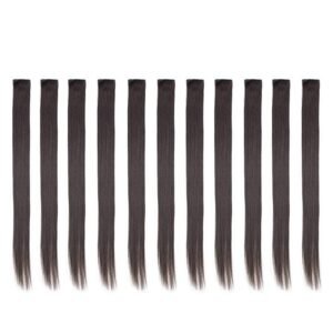 Bundle 11 Pieces Single Color 21 Inches Straight Party Highlights Clip In Synthetic Hair Extensions  Halloween Costume (Dark Brown)