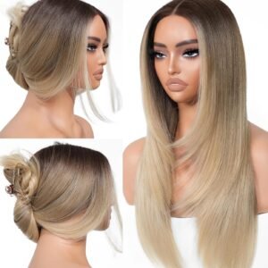 Ombre Blonde   Glueless Wigs Pre Plucked Pre Cut for Beginners Synthetic Lace Front Wigs With Bangs Blonde Long Layered Straight Wigs 26 Inch 3 Seconds to  for Beginners