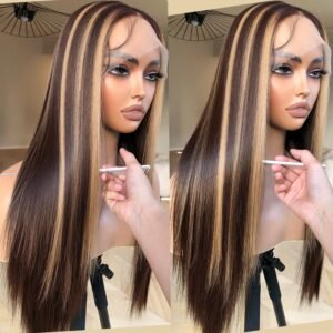 Highlight Lace Front Wig, Honey Blonde Lace Front Wig Pre Plucked Ready to , Glueless 13X5X1 Synthetic Lace Front Wigs 26inch, Expressive Ombre 4/30 Honey Brown Wig