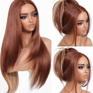 Blond   Glueless Wigs Pre Plucked Pre Cut for Beginners Synthetic Lace Front Wigs For Woman With Bangs Long layered Straight 26 Inch Ginger Highlights 3 Seconds to