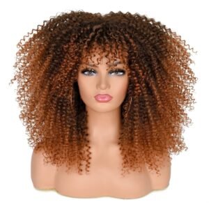 16Inch Curly Wigs for Black Women Black to Brown Afro Bomb Curly Wig with Bangs Synthetic Fiber Glueless Long Kinky Curly Hair