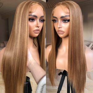 Honey Blonde Lace Front Wig - Pre Plucked, Ready to Wear, HD Glueless 13X5X1 - Highlight Synthetic Straight Wig for Women,  4/27 Ombre Honey Blonde