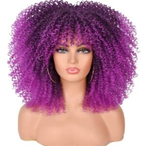 16Inch Curly Wigs for Black Women Purple Afro Bomb Curly Wig with Bangs Synthetic Fiber Glueless Long Kinky Curly Hair
