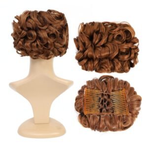 Short Messy Curly Dish Hair Bun Extension Easy Stretch hair Combs Clip in Ponytail Extension Scrunchie Chignon Tray Ponytail Hairpieces (Light Auburn-30#)